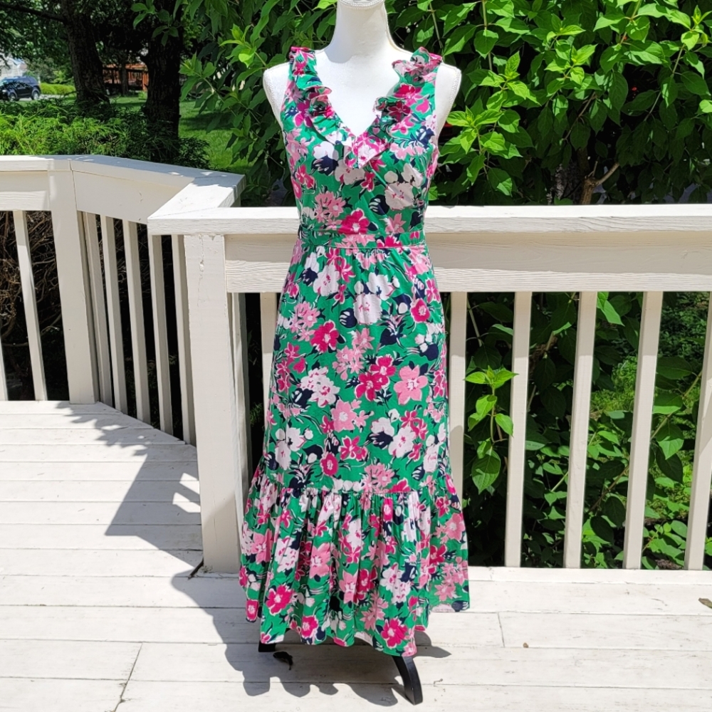 New! J. Crew size 4 Ruffle V-Neck Midi Summer Dress Green Pink NWT